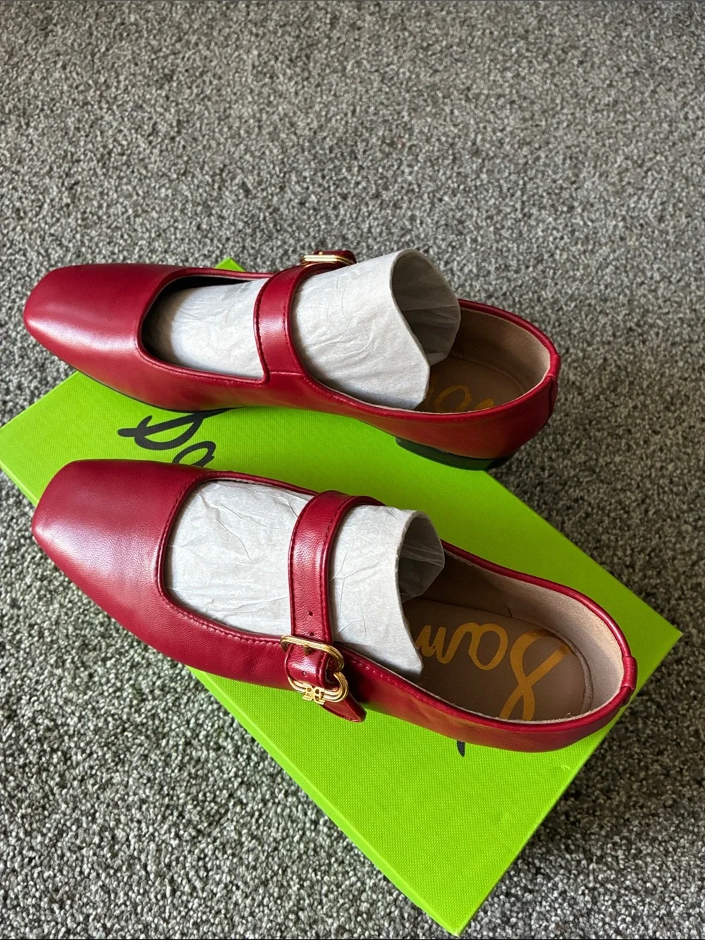Sam Edelman Red Leather Mary Jane Flats with Gold Buckle